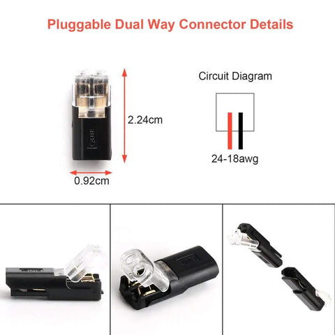 Diagram and images of 12 Pack 2 Pin 2 Way No Wire Stripping Toolless Quick Splice Wire Connectors For AWG 20-24, compact design