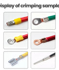 Display of crimping samples for Get This Pro Hydraulic Crimper And Pneumatic Electric Terminal Crimping Machine With Interchangeable Dies For Connector Lug Ferrules As A Sweet Professional Tool Kit Featuring High Efficiency Brushless Motor Smooth Operation And Long Lasting.