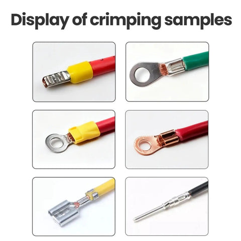 Display of crimping samples for Get This Pro Hydraulic Crimper And Pneumatic Electric Terminal Crimping Machine With Interchangeable Dies For Connector Lug Ferrules As A Sweet Professional Tool Kit Featuring High Efficiency Brushless Motor Smooth Operation And Long Lasting.