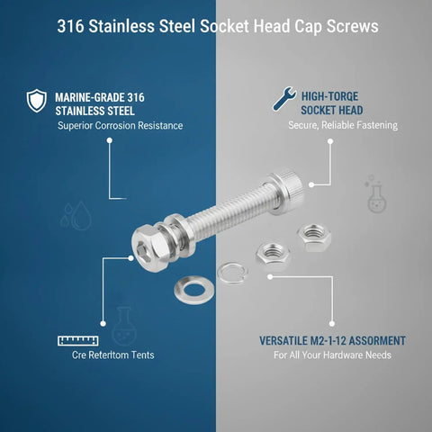 Beefy 316 Stainless Socket Head Cap Screws Nuts And Washers Kit for Marine Outdoor and Industrial Projects with hex drive.