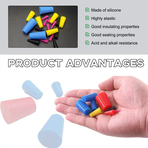 Hand holding Silicone Tapered Plugs Set, Pro Grade High Temperature Resistant Stoppers for Spraying Coating, colorful assortment