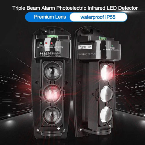 Triple Beam Alarm Infrared LED Detector Security System For Home Protection With Photoelectric Sensor And Beefed Up Power Long Range Alert Precision Optical Focusing Lens For Fast Reliable Home Security, black wall-mounted pair