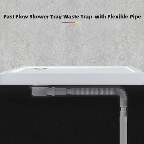 Low Profile 1.5 Inch Shower Drain Trap With Side Outlet Assembly For Replacement Shower Base PVC shown under a shower tray
