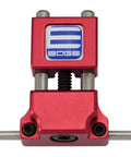 Premium Industrial Milling Vise Jaw Stop With Hardcore Hardened Work Pin, red anodized aluminum, top view, CNC compatible.