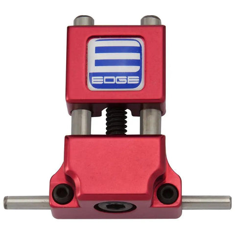 Premium Industrial Milling Vise Jaw Stop With Hardcore Hardened Work Pin, red anodized aluminum, top view, CNC compatible.