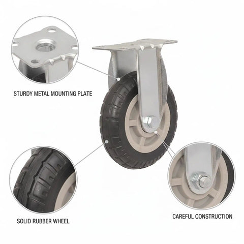 Heavy Duty Swivel Plate Caster Built Like A Tank Replacement Caster Wheel for Industrial Hand Trucks and Warehouse Dollies Smooth Rolling Treads, featuring solid rubber wheel and sturdy metal plate.