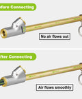 Before and after air flow in 12 Inch Dual Air Chuck for Tires With 1 Quarter Inch FNPT Adapters for trucks and buses