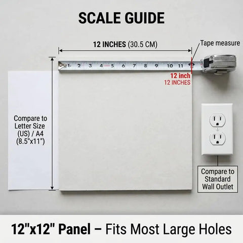 Scale guide showing 12x12 inch panel next to tape measure, paper size comparison, and standard wall outlet for 34 Piece Drywall Repair Kit For Large Holes And Cracks That Wont Break The Bank Includes 12x12 Inch Patch Saw Wood Backing Boards Spackle Mesh Tape Pencil And More For Quick Easy DIY Wall Repair.