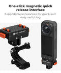 Upgrade Magnetic Quick Release Mount For X5 with aluminum alloy body and safety lock, shown with camera and base adapter.