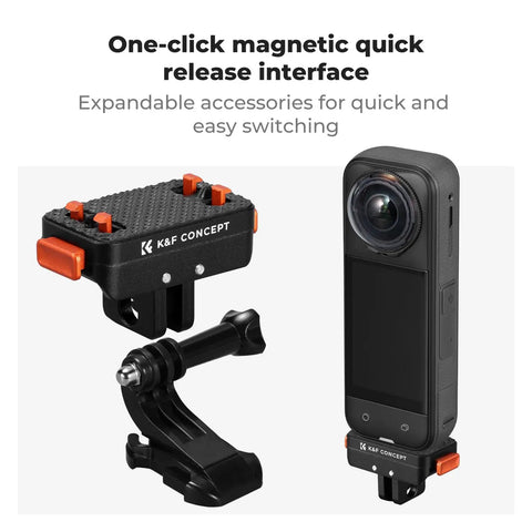 Upgrade Magnetic Quick Release Mount For X5 with aluminum alloy body and safety lock, shown with camera and base adapter.
