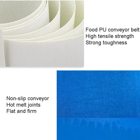 Hustle Ready Polyurethane Conveyor Belt Engineered To Crush The Daily Grind For Commercial Kitchens Featuring Hassle Free Tension Adjustment And Wear Resistant Smooth Surface, showing white and blue food PU belts.