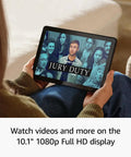 Person using Top Shelf Ten Point One Inch Tablet With A Dope Full Hd Display And Snappy Octa Core Processor Packing Four Gb Ram And Thirty Two Gb Storage To Smash Streaming Marathons Heavy Gaming And Daily Tasks Without Lag On All Day Battery Life In Classic Black to watch videos.