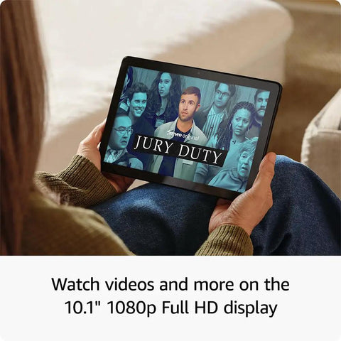 Person using Top Shelf Ten Point One Inch Tablet With A Dope Full Hd Display And Snappy Octa Core Processor Packing Four Gb Ram And Thirty Two Gb Storage To Smash Streaming Marathons Heavy Gaming And Daily Tasks Without Lag On All Day Battery Life In Classic Black to watch videos.