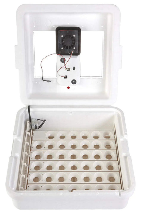 9300 Digital Still Air Egg Incubator with easy digital controls, open lid showing egg trays, self regulating temperature, holds 41 large eggs