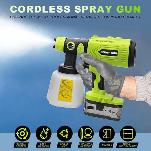 HVLP Paint Sprayer With Brushless Motor And Precise Flow Control creates smooth finishes, featuring a 1000ml tank and ergonomic grip.
