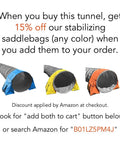 Three dog agility tunnels with colored stabilizing saddlebags. Dog Agility Tunnel For Training And Fun, Rip-Resistant 420D Polyester.