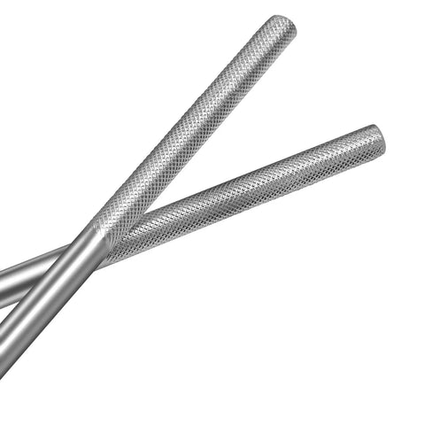 Two Pack Winding Bars For Garage Door Torsion Springs One Half Inch Diameter By Seventeen Point Five Inch Length Heat Treated Forty Five Steel With Knurled Non Slip Handle Handy Heavy Duty DIY Tool For Safe Tensioning And Unwinding, showing close-up of knurled handles.