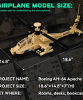 AH 64 Apache Military Helicopter Building Kit With Display Stand 183 Piece Model, dimensions shown for adults collectors