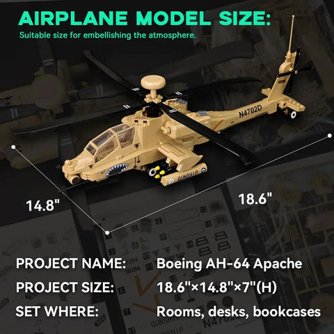 AH 64 Apache Military Helicopter Building Kit With Display Stand 183 Piece Model, dimensions shown for adults collectors