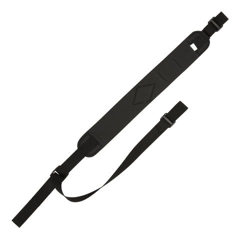 Black neoprene shotgun sling with thumb ring, non-slip pad, and adjustable strap, Yukon Neoprene Shotgun Sling With Four Shell Loops For Quick Reloads Mossy Oak Break-Up Country Camouflage Non Slip Pad Thumb Ring For Easy Weight Adjustment Heavy Duty Web Construction.
