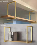 Heavy Duty Floating Shelf Brackets For Ceiling Or Wall Mount Premium Wrought Iron Pipe Frame With Matte Gold Plating shown in ceiling and wall mount.