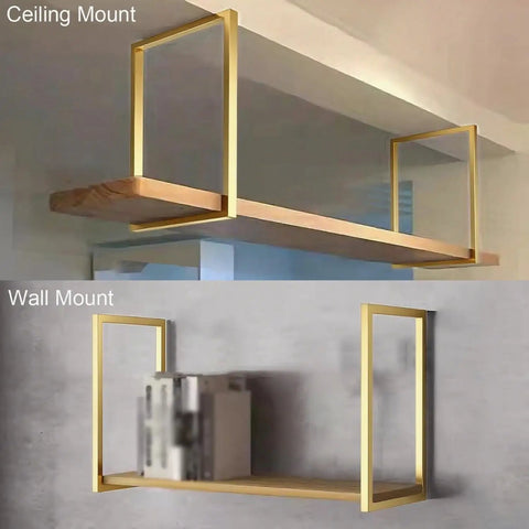 Heavy Duty Floating Shelf Brackets For Ceiling Or Wall Mount Premium Wrought Iron Pipe Frame With Matte Gold Plating shown in ceiling and wall mount.
