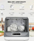 Inside view of No Sweat Compact Countertop Dishwasher With Automatic Air Dry And 360 Rotating Dual Spray Heads, cleaning various dishes.