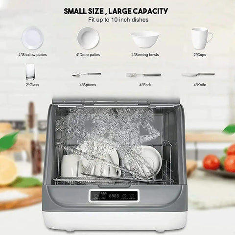 Inside view of No Sweat Compact Countertop Dishwasher With Automatic Air Dry And 360 Rotating Dual Spray Heads, cleaning various dishes.
