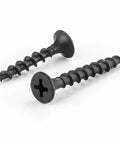 Number Six By One Point Twenty Five Inch Phillips Truss Head Drywall Screws Black Phosphate Heavy Duty Steel Bang For Buck Rock Solid Grip One Pound Pack For Wood Slate visible on white background.