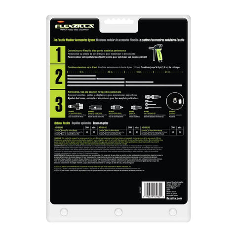 Back packaging of X3 Blow Gun With Quiet Flow Safety Nozzle featuring modular system instructions and configurations.