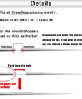 Diagram of Titanium Piercing Kit 14G 16G 18G 20G ASTM F136 Hypoallergenic Threadless Push In Taper for various piercings.