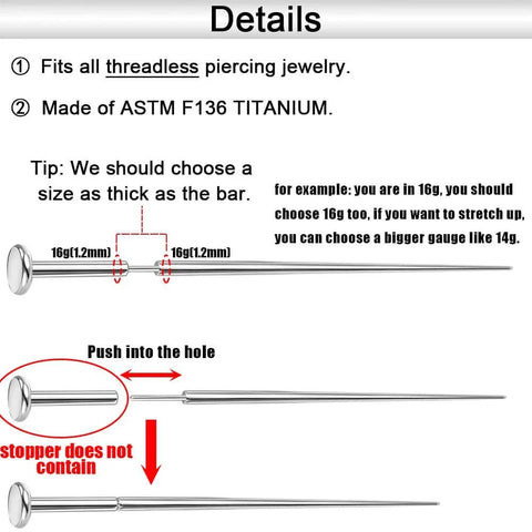 Diagram of Titanium Piercing Kit 14G 16G 18G 20G ASTM F136 Hypoallergenic Threadless Push In Taper for various piercings.