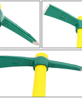 Close-up of 15 Inch Solid Pick Mattock Forged Garden Tool with Tough As Nails Heavy Duty Fiberglass Handle for weeding and digging.