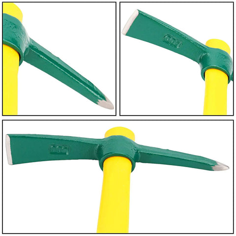 Close-up of 15 Inch Solid Pick Mattock Forged Garden Tool with Tough As Nails Heavy Duty Fiberglass Handle for weeding and digging.
