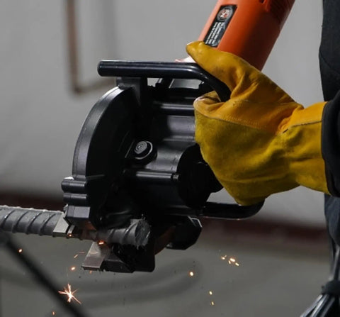 BN Products 24V Cordless Cutting Edge Saw Strut Rebar And Multi-Material Cutter Heavy Duty Power Tool cutting rebar with sparks flying.