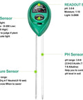 Three In One Soil Test Kit with Moisture Sunlight and PH Meter for indoor and outdoor gardens with probe and sensor details.