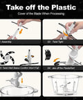 Instructional steps for assembling blades in Three Speed Electric Food Processor With Meat Grinder And Veggie Chopper 300 Watt Power