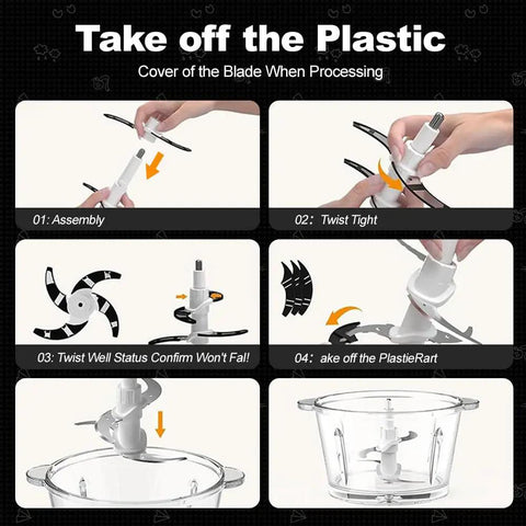 Instructional steps for assembling blades in Three Speed Electric Food Processor With Meat Grinder And Veggie Chopper 300 Watt Power
