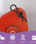 Close-up of R pin from 67-Piece Clevis Pin And Cotter Pin Kit With R Pins Hairpins And Split Pins securely attached to red metal part.