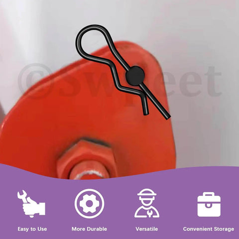 Close-up of R pin from 67-Piece Clevis Pin And Cotter Pin Kit With R Pins Hairpins And Split Pins securely attached to red metal part.