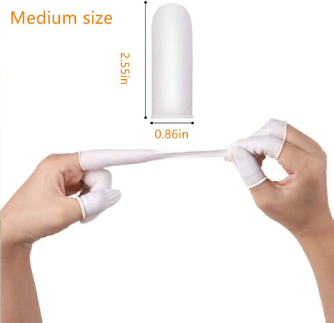 Disposable Latex Finger Cots 350 Pcs Medium Anti Static Rubber Fingertip Protectors stretched to show elasticity