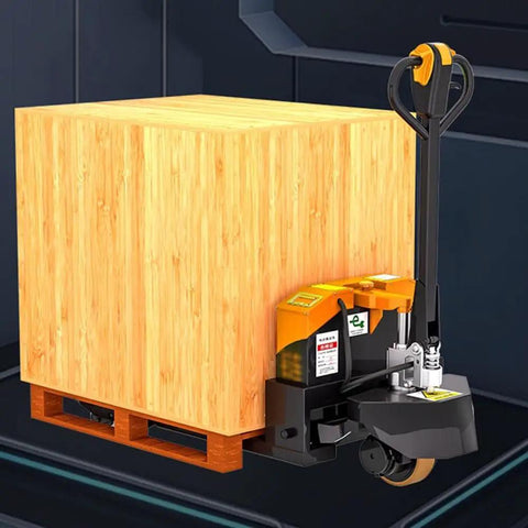 Heavy Duty Electric Pallet Jack Truck With 4400 Lbs Capacity For Warehouses And Construction Sites Featuring Lithium Ion Battery And Multi Function Handle At 55cm with wooden box.