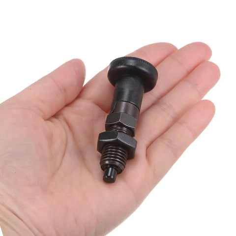 Rock Solid 3 Pack Ball Nose Spring Plunger Set With Push Fit Locking M12x1.5 Thread And 6mm Pin Diameter shown in hand.