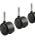 Five black 2-inch twin-wheel office chair casters with 7/16 inch stems