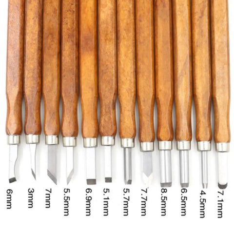 12-piece Wood Carving Chisel Kit For Beginners With Imitation Mahogany Handles showing various tip sizes and shapes, top view