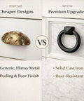 Comparison of old peeling metal pull vs Black Cast Iron Cabinet Drawer Ring Pull, Mission Style Antique Drop, rust-resistant finish.