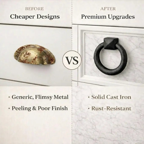 Comparison of old peeling metal pull vs Black Cast Iron Cabinet Drawer Ring Pull, Mission Style Antique Drop, rust-resistant finish.