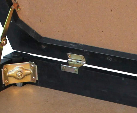 Close-up of Heavy Duty Unfinished Metal Piano Bench Hinges Set Of Two with five screw holes and sturdy mounting for secure locking.