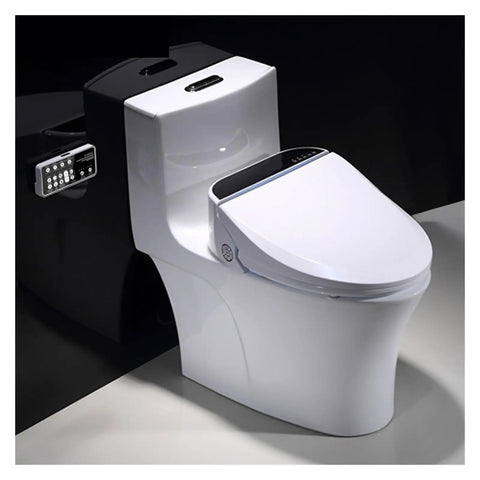 Super Sleek Square Black Smart Toilet Seat Bidet with remote control and modern design mounted on bathroom fixture.
