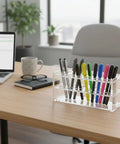 Clear Acrylic Test Tube Rack 18-Hole Organizer For 10ml And 15ml Tubes Pens And Markers on office desk with laptop
